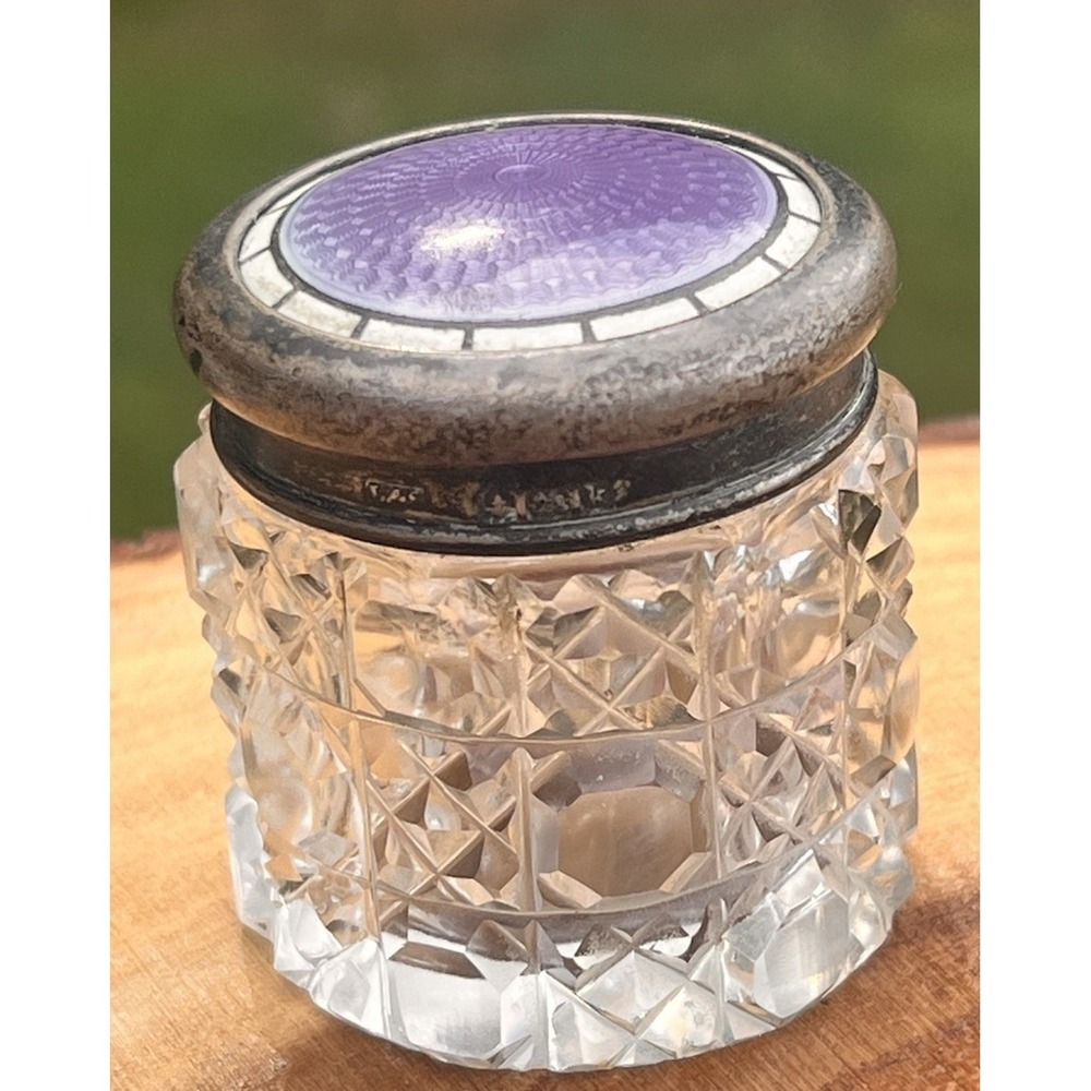 Antique L&S Levi & Salaman Sterling Silver Purple Guilloche Enamel Jar 1909 Rare